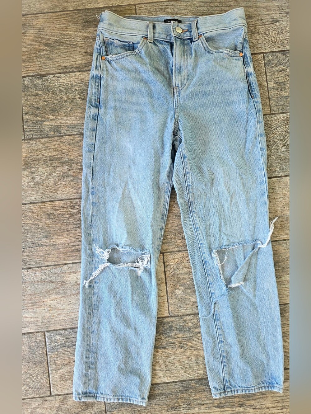 Express Light Blue Straight Leg Jeans with Knee Rips